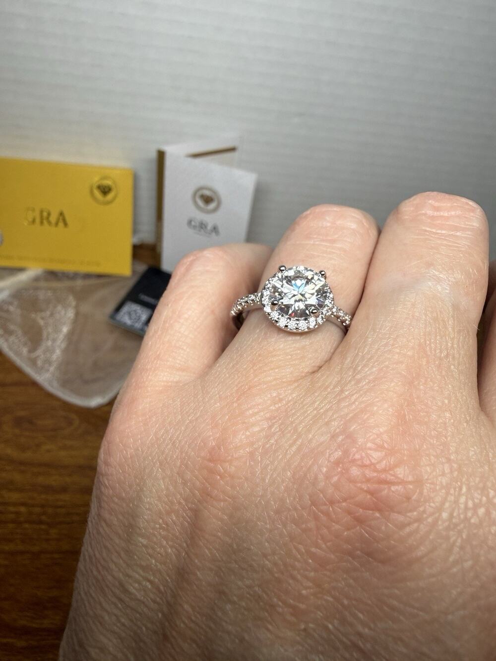 GRA Moissanite Halo Ring S925 Sterling Silver 2 Carat Size 7 Cert